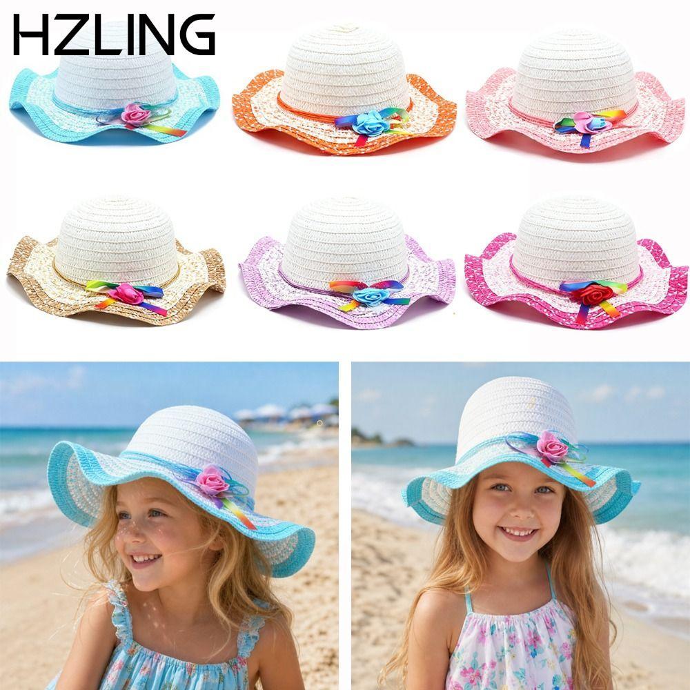 Mũ Rơm HZLING, Vành Rộng Mũ Chống Nắng 3-7Year, Tấm Che Nắng Trang Trí Hoa Handmade Ngọt Ngào Đi Biể