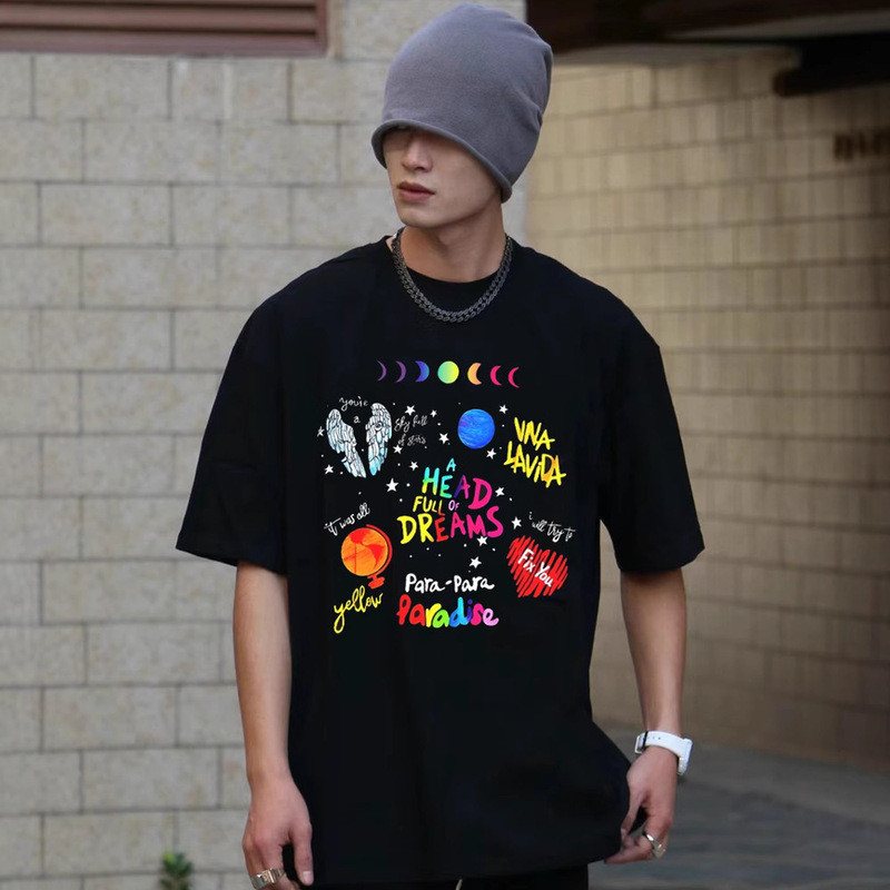 COLDPLAY COLDPLAY Áo thun ngắn tay kiểu Mỹ in hình dáng rộng Retro Vintage Nam Nữ Cotton Top Quần áo