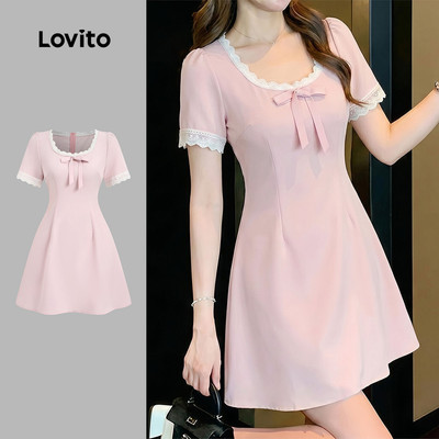 Đầm nữ Lovito hồng xuân hè xếp nếp nơ ghép nối màu sắc phong cách thường ngày LK5ED491