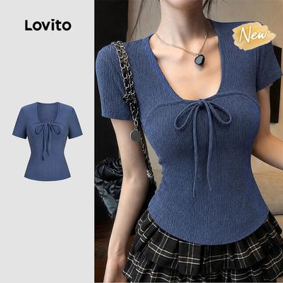 (New Arrival) Lovito Áo thun nữ nơ trước màu xanh mùa xuân/hè thiết kế xếp ly L199ED506