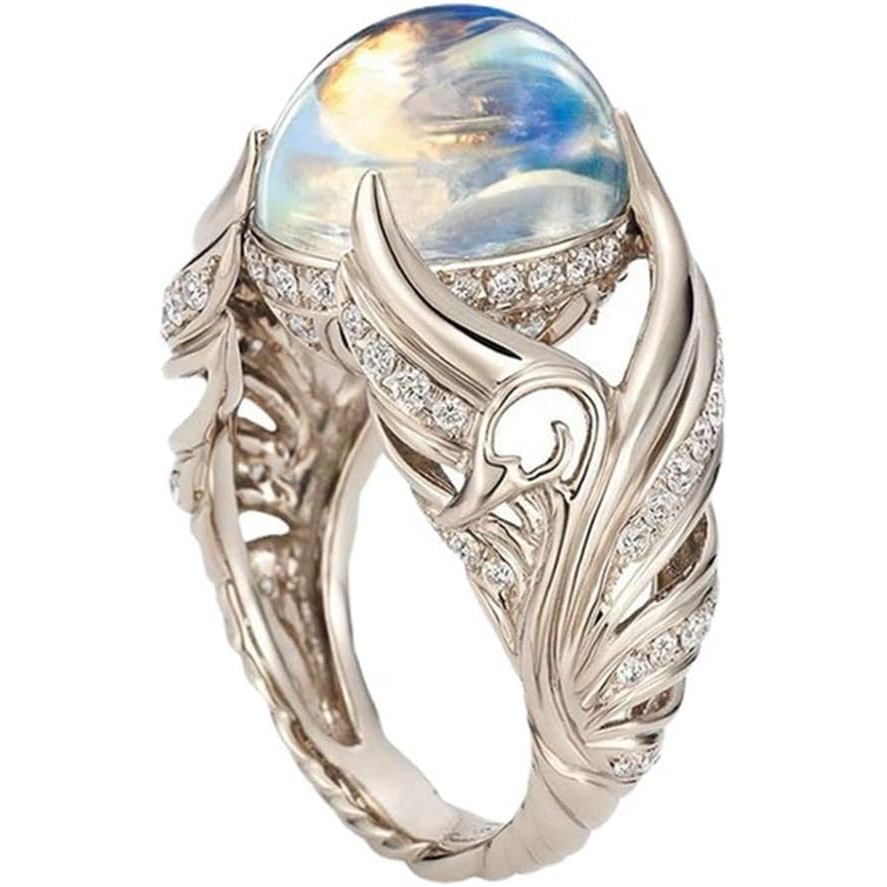 Tinh Thần Tuyệt Đẹp 925 Nhẫn Bạc Đôi Cánh Thiên Thần Cưới Quyến Rũ Đá Mặt Trăng Kim Cương Trang Sức 