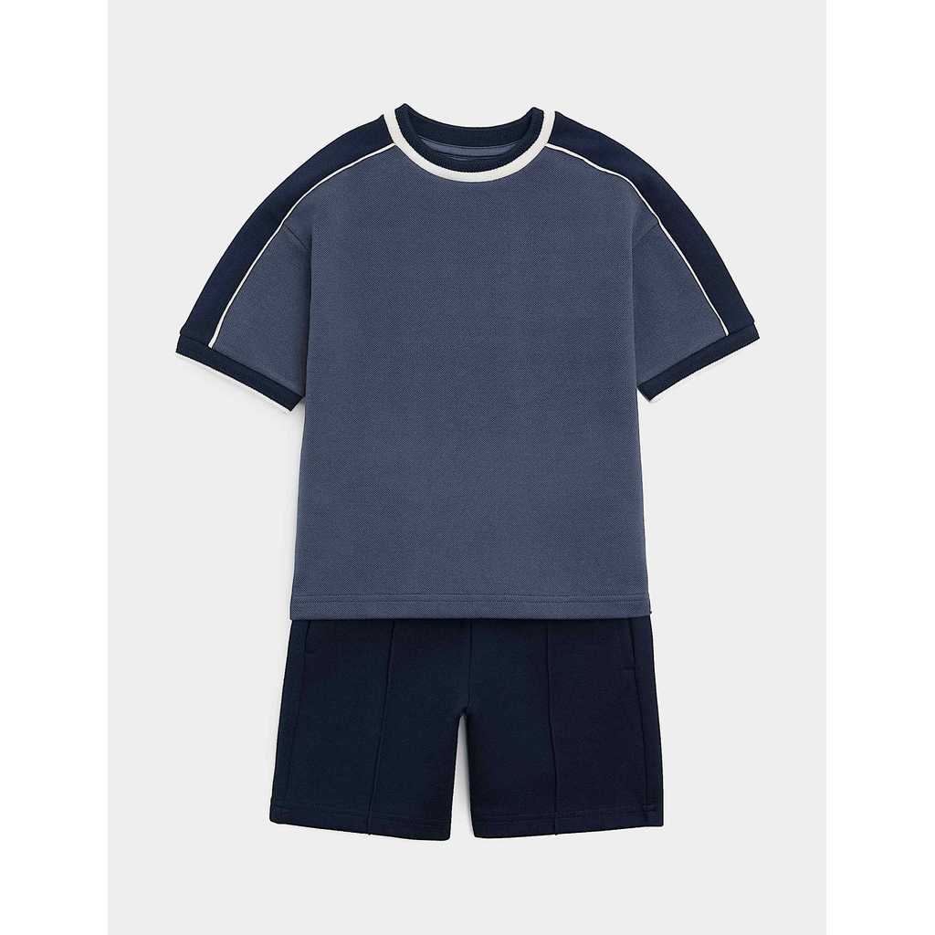 M&S - Cotton Blend Pique T-shirt & Short Outfit - NAVY