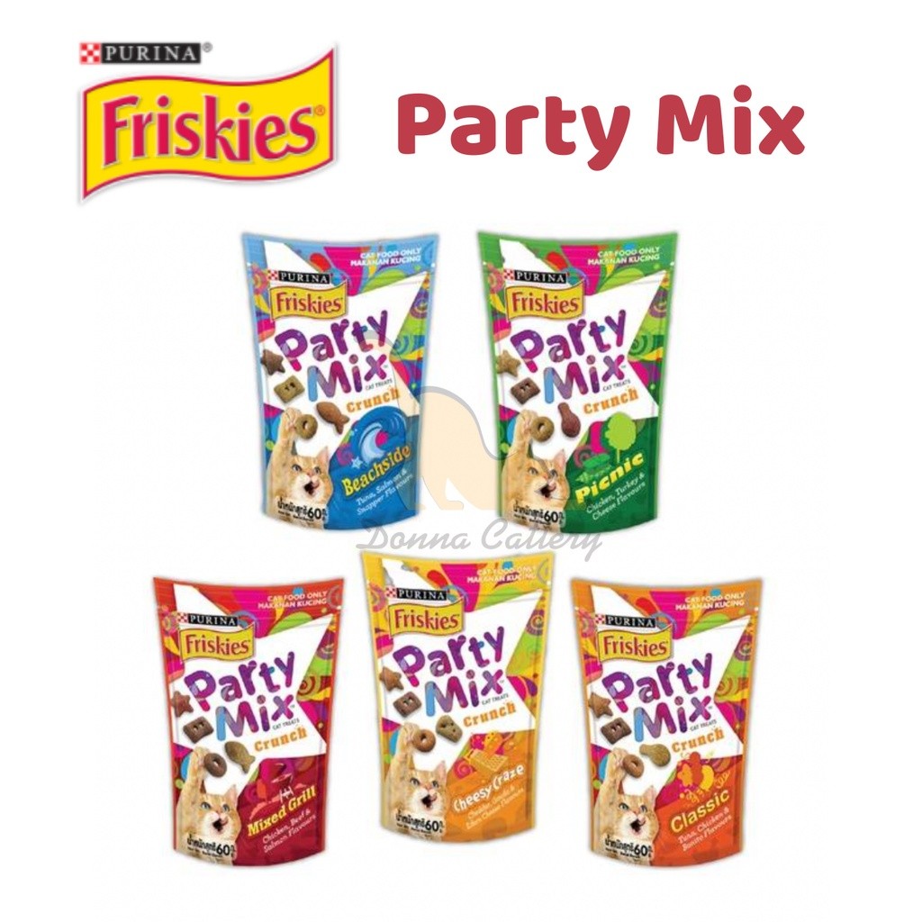 PURINA FRISKIES PARTY MIX - BÁNH THƯỞNG CHO MÈO ĐỦ HƯƠNG VỊ HỖN HỢP GÓI 60g