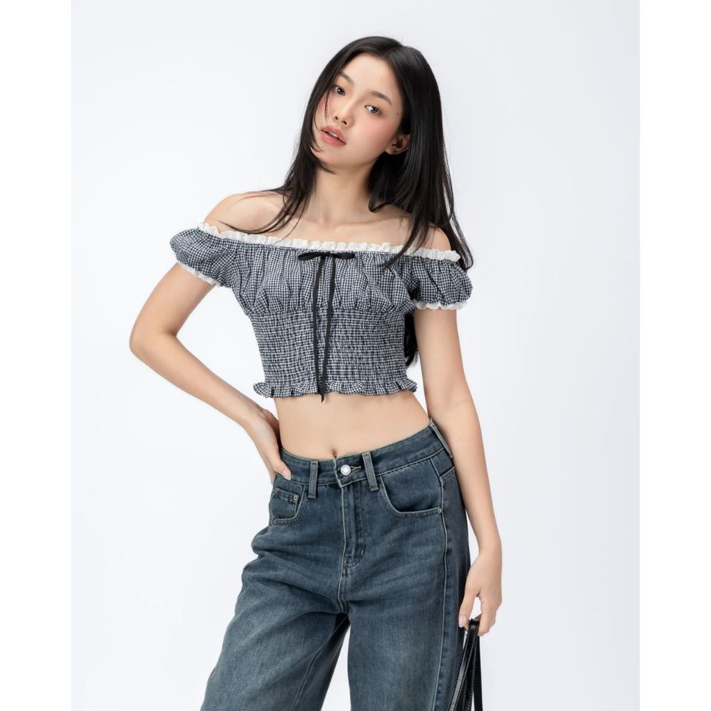 Áo croptop trễ vai sọc caro nhí nhún eo THE C.I.U - Mabel Top - C13