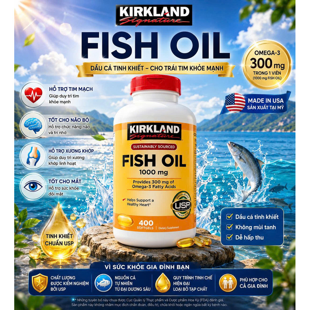 Viên Uống Dầu Cá Omega-3 Kirkland Fish Oil 1000mg (Hộp 400 Viên)