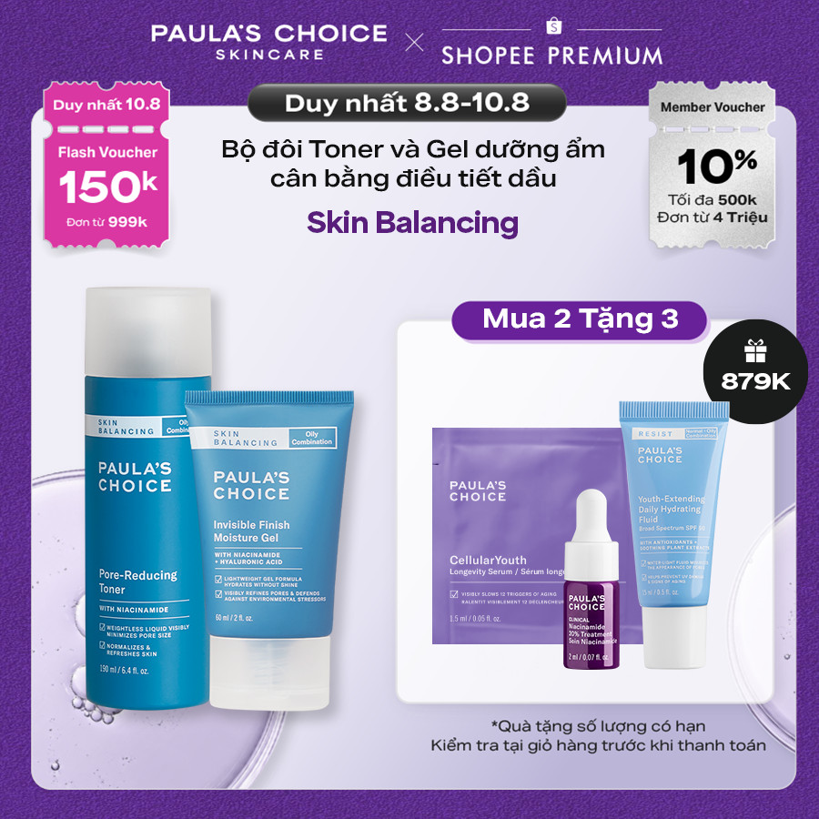 Bộ đôi Toner chứa Niacinamide thu nhỏ lỗ chân lông và Kem dưỡng ẩm dạng Gel Paula's Choice kiềm dầu 