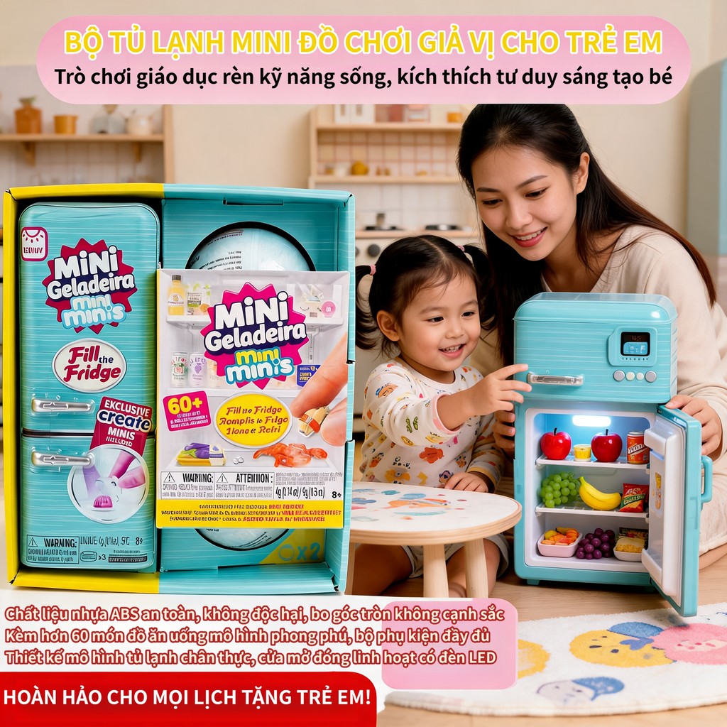 ZURU Mini Brands Fill The Fridge Tủ Lạnh Mini 2 Màu Xanh Hồng, Thực Phẩm Nam Châm, Quà Lễ Tết An Toà