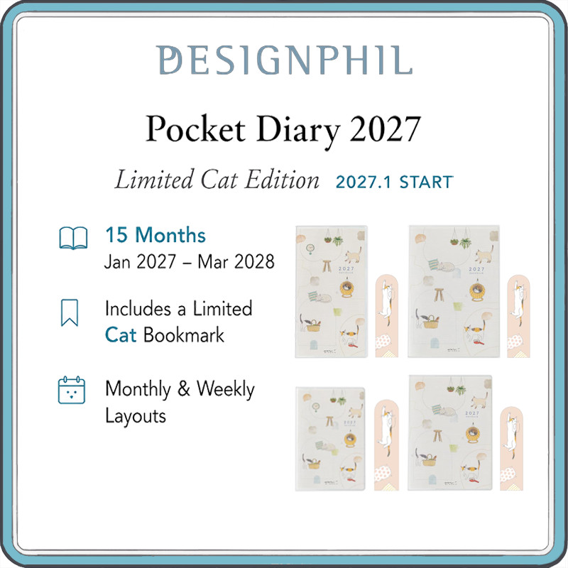 MIDORI Pocket Diary 2027 Cat Design with Limited Bookmark – Monthly & Weekly Planner, B6 Slim / B6 /