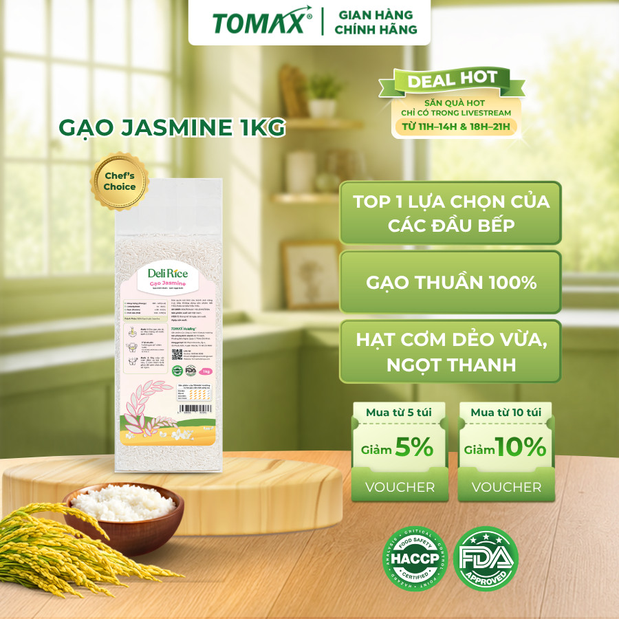 [ĐÃ VỀ HÀNG] Gạo Jasmine Deli Rice 1kg Dẻo Mềm, Tơi Xốp, Ngọt Thơm Tự Nhiên - TOMAX