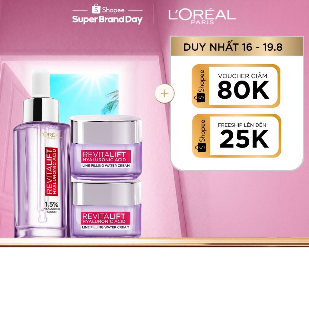 Bộ Serum 30ml và 2 kem dưỡng siêu cấp ẩm và giảm nếp nhăn 15ml x2 L'Oreal Paris Revitalift HA 1.5%