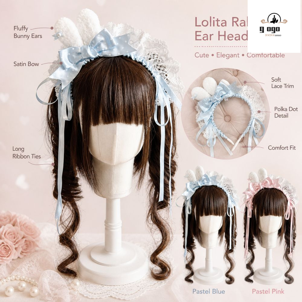 GOGOU Bunny Ear Headband, Polka Dot Bow Gothic Style Bow Headband, Mini Bunny Ear Lace Trim Gothic H