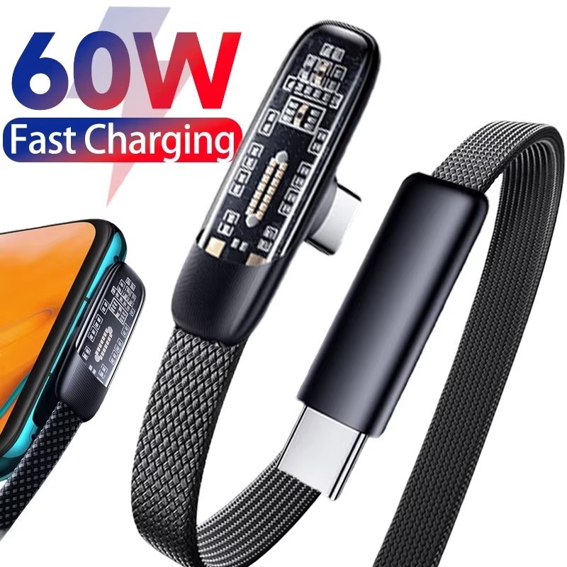 Cáp dữ liệu sạc nhanh Elough 60W USB C sang Type C 90° Cáp trò chơi siêu sạc Elbow PD USB C