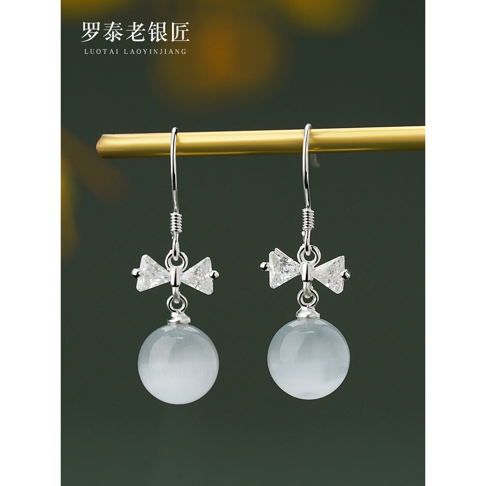 Luotai Old Silversmith 990 Sterling Bạc Nơ Bông Tai Nữ Nhẹ Sang Trọng Cao Cấp Opal Bông Tai 2025 Pho