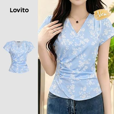 (New Arrival) Lovito Áo blouse bất đối xứng cài nút xếp ly phong cách thanh lịch màu xanh dương mùa xuân/hè dành cho nữ L200AD180