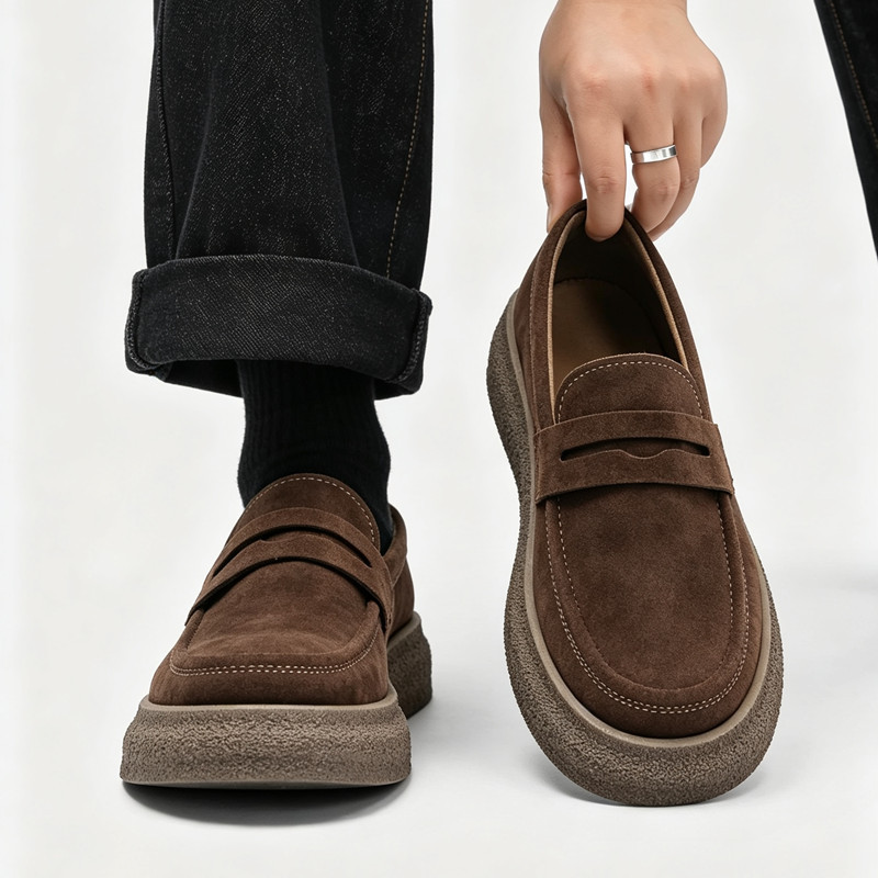 Giày lười nam da lộn Penny đế Chunky Giày trượt thường ngày