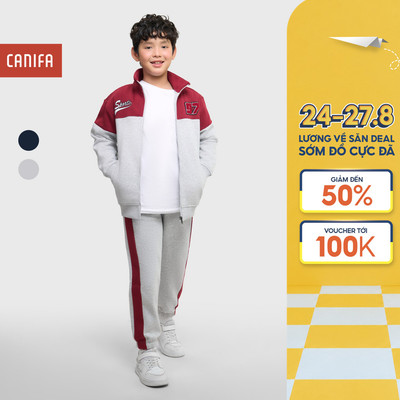 Bộ quần áo nỉ bé trai CANIFA dài tay cổ cao cào lông quần nỉ dài ống rộng 2ST25C001