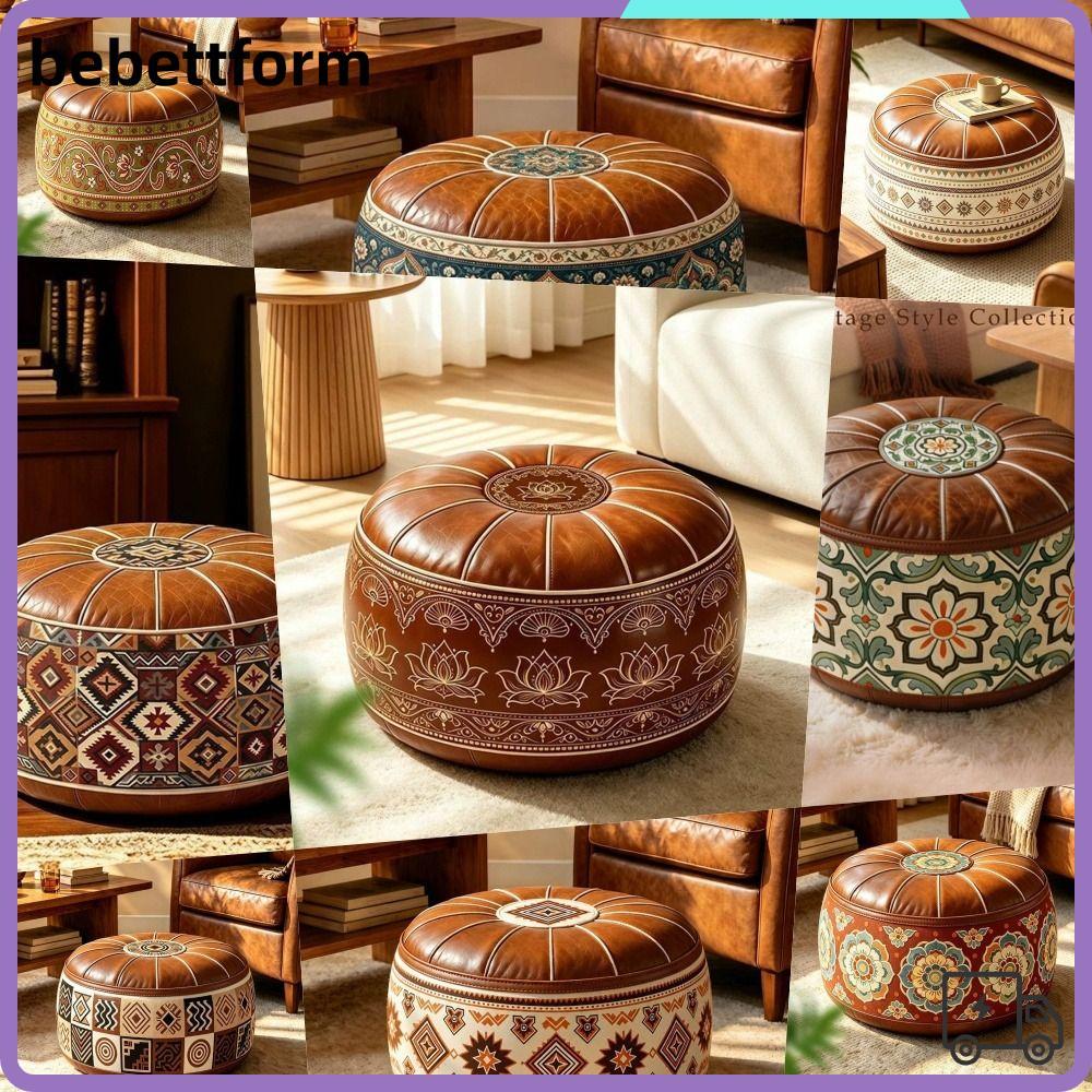 LUCKY Fillable Ottoman Pouf, Thêu Họa Tiết Da PU Bảo Quản Ottoman, Phong Cách Ma-rốc Hình Tròn Tròn 