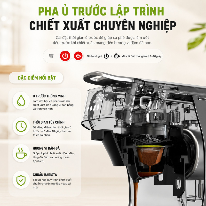 ☀ [Bh 1 Năm] Máy pha cà phê Espresso-Viên Nén tích hợp 6 trong 1 Thương hiệu HiBREW Mỹ H1B 1450W