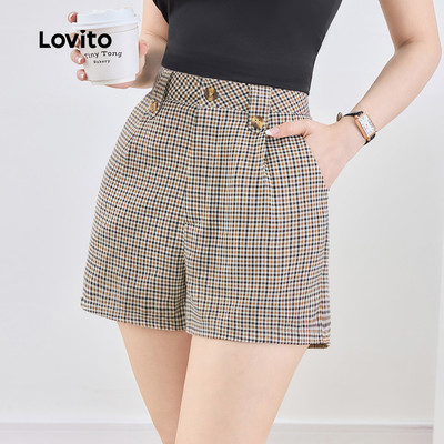 Quần short nữ Lovito xếp ly nút kẻ caro phong cách thường ngày L132AD1031