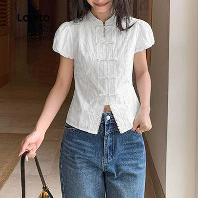 (Phong cách thường ngày) Lovito Áo sơ mi cài nút mùa hè/xuân dành cho nữ L125AD369