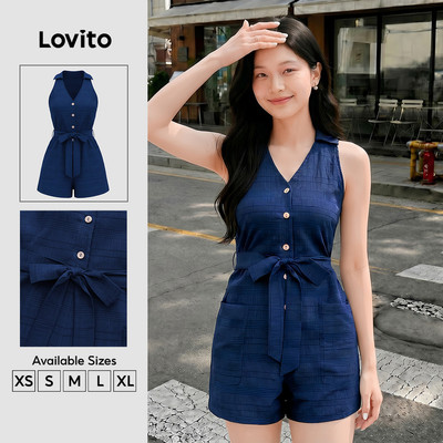 Áo liền quần nữ Lovito xanh navy xuân hè buộc phía trước phong cách thường ngày LK5ED873
