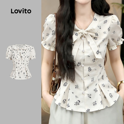 (New Arrival) Lovito Áo kiểu nữ mùa xuân/hè áo sơ mi dáng rộng buộc vạt trước xếp ly L197AD008