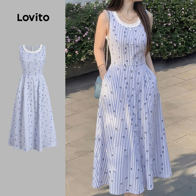 (New Arrival) Lovito Đầm thường ngày vải ren phối khóa kéo mùa xuân/hè màu xanh dương dành cho nữ LK7ED392