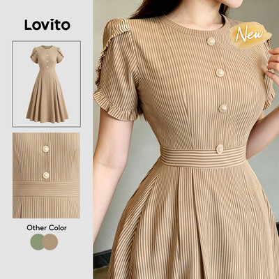 (New Arrival) Lovito Váy nữ thanh lịch váy mùa xuân/hè màu kaki cổ lá sen viền cúc cài DRK8P2D759