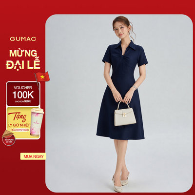 Đầm Nữ GUMAC Form A Cổ Tim Có Lá Cổ Sơ Mi Tay Ngắn Hai Lớp Có Hai Túi Sườn DF08037