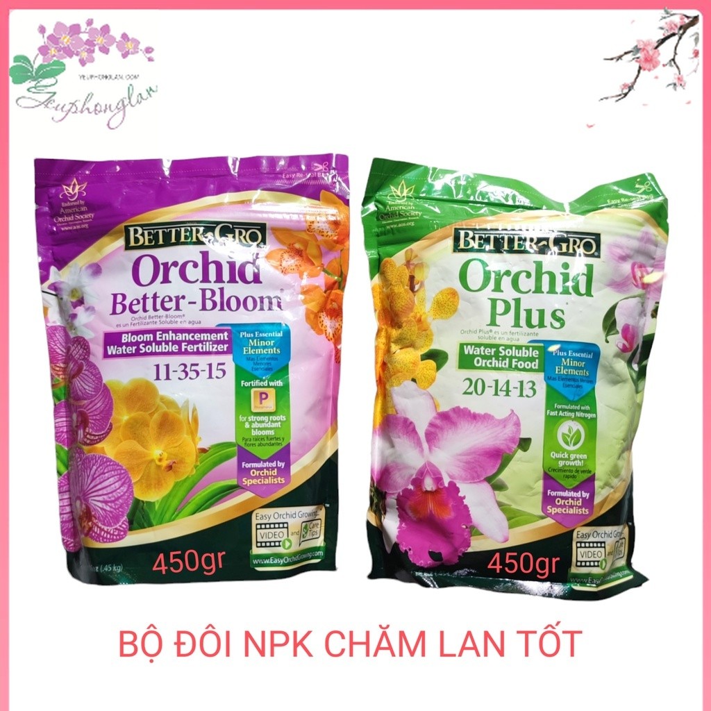 Bộ đôi NPK cho lan var BETTER-GRO Orchid Plus 20-14-13 và Orchid Better Bloom 11-35-15 gói 450gr Hàn