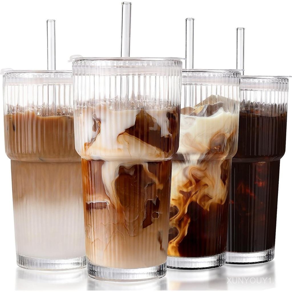 Iced Coffee Cups with Lids: Coffee Bar Accessories - Ribbed Glass Tumbler with Straw and Lid 4Pcs - 