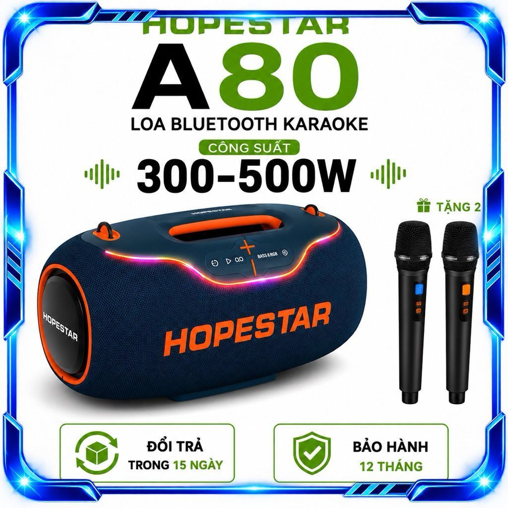 Loa Bluetooth Karaoke HOPESTAR A80 300-500W Kèm 2 Micro Không Dây - Pin 30000mAh, Bass Mạnh, Đèn LED