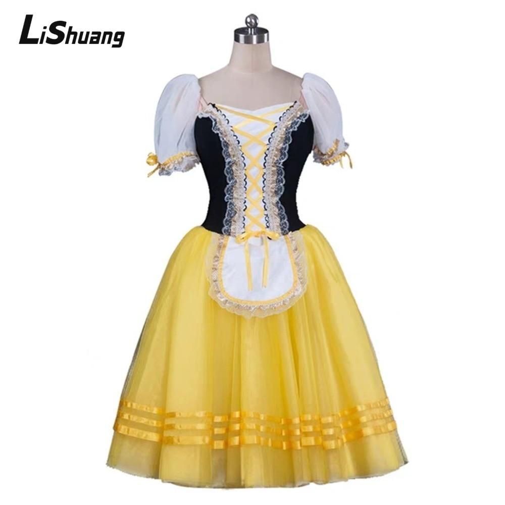 LISHUANG Giselle Ballet Tutu Dress, Nhung Cross Ribbon Thể dục dụng cụ khiêu vũ Leotard, Tay phồng x