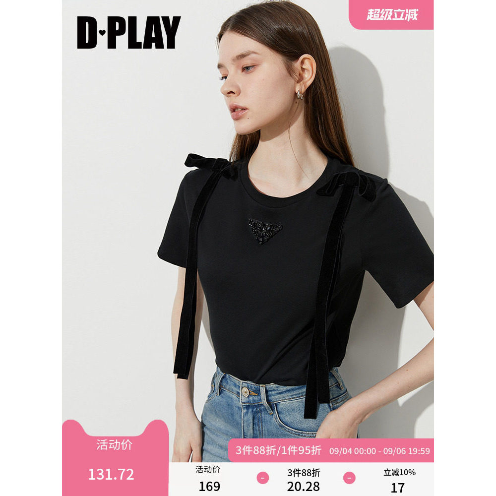 DPLAY Mùa Hè Phong Cách Mới Áo Thun Đen Nữ Đẹp Trai Pháp Rời Độc Đáo Nơ Tay Ngắn