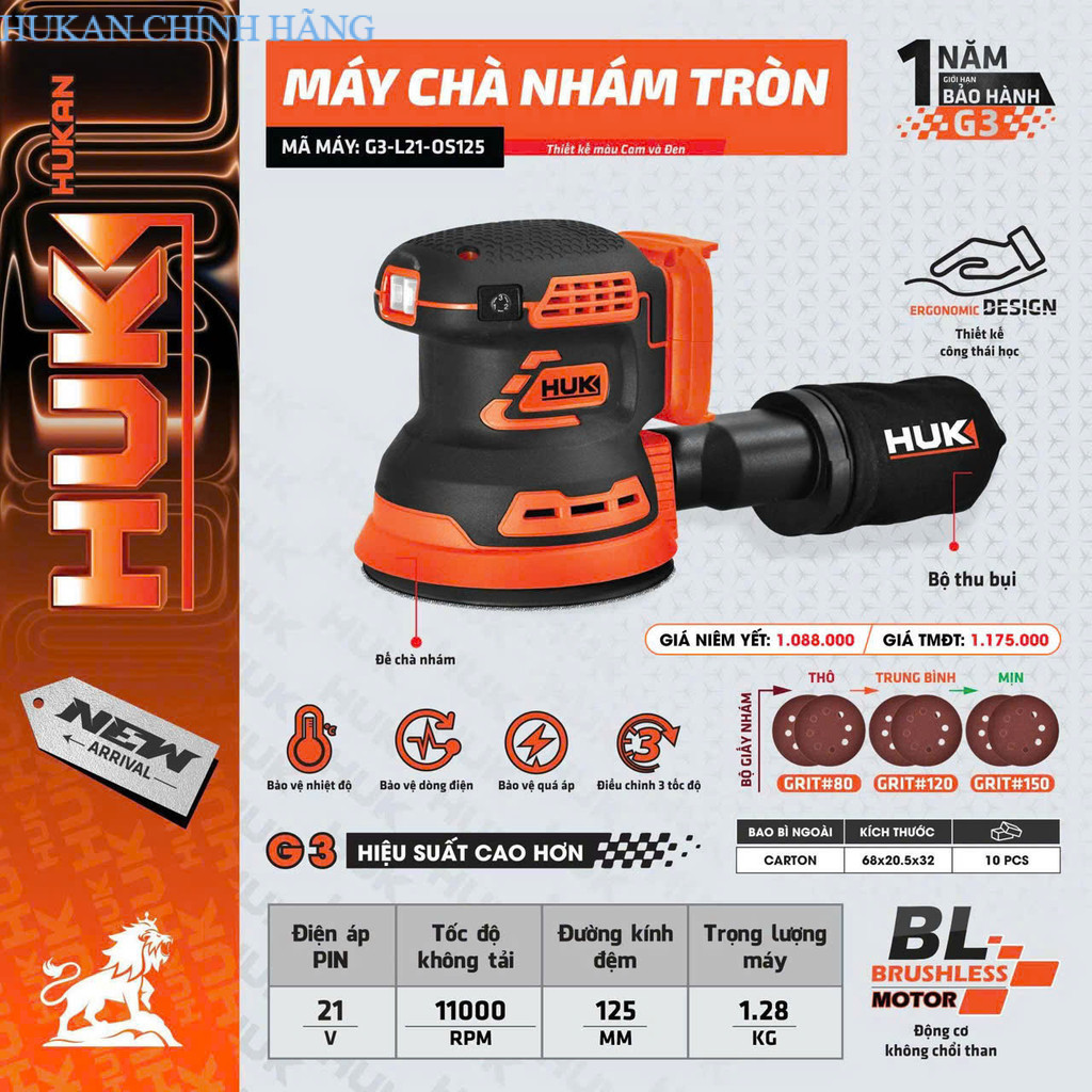 Máy chà nhám xài pin makita phôt thông   HUKAN G3-L21-OS125 chính hãng HUKAN CHÍNH HÃNG