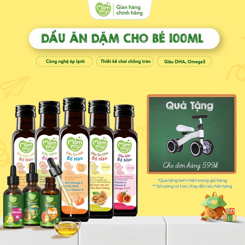 Dầu ăn dặm cho bé Mămmy 5 loại giàu DHA & Omega 3-6-9 cá hồi, hạt lanh, Olive, gấc, óc chó, chiên xà