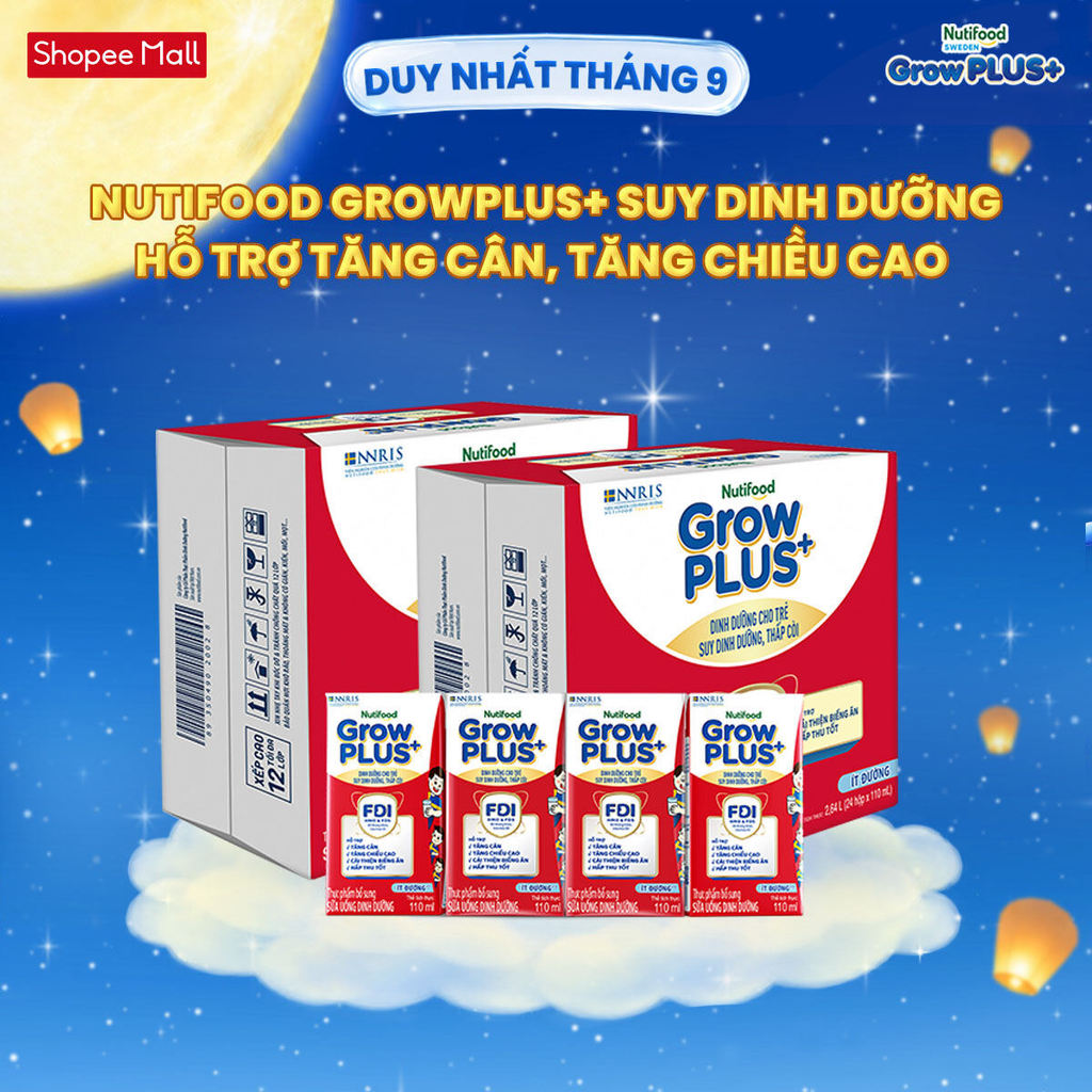 Thùng SBPS Nutifood GrowPLUS+ ít đường Suy Dinh Dưỡng - Trên 1 Tuổi -  (48 Hộp x 110ml) (Bao bì tùy 
