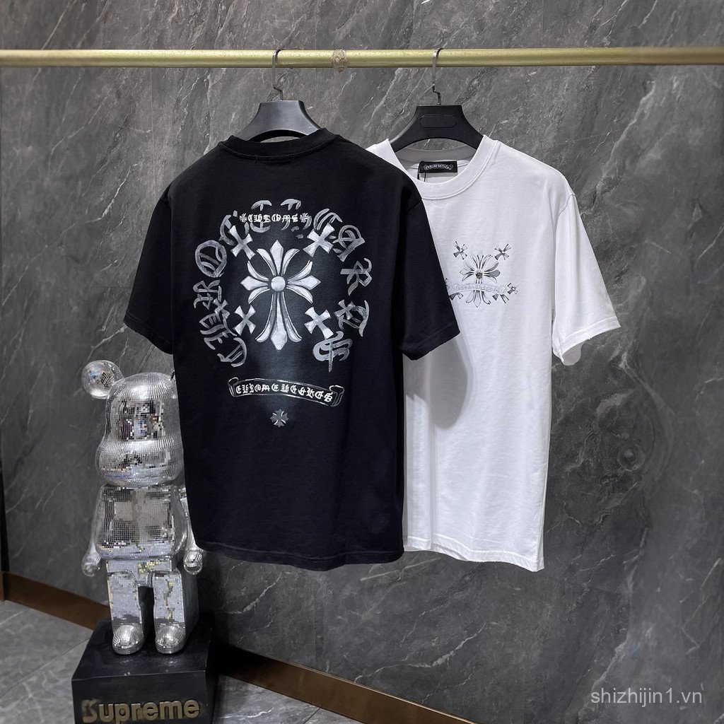 KA17 Chrome Hearts Chrome Hole Hand-Painted Cross High Street Loose Áo thun ngắn tay phong cách cặp 