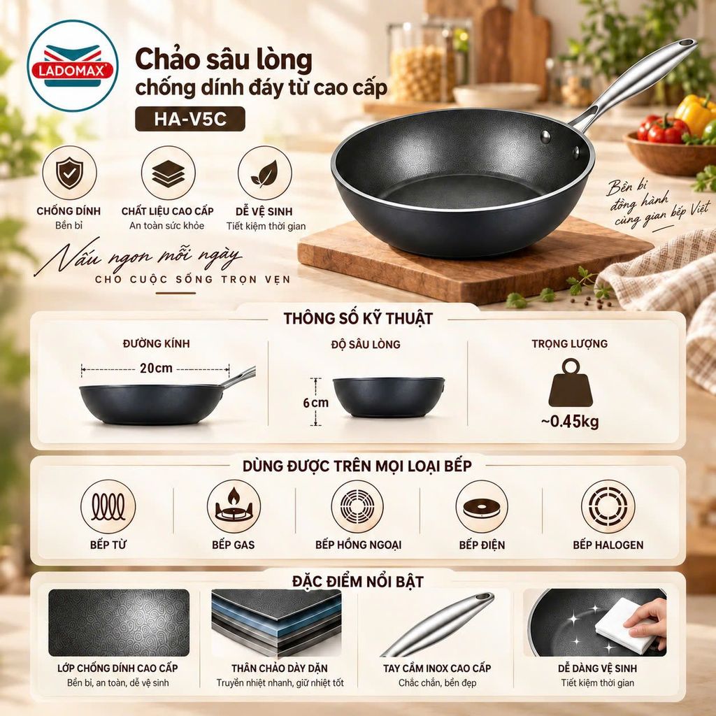 Chảo sâu lòng chống dính LADOMAX HA-V5C – nhôm cao cấp, Dyflon Hàn Quốc, phù hợp mọi bếp