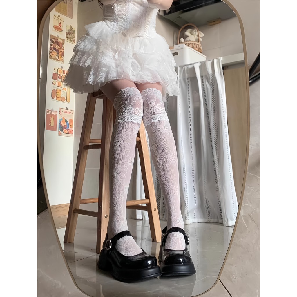 Ren Vớ Ren Rỗng Ren Trên Đầu Gối Tất jk lolita Fishnet Đen Xám Trắng Giày Tất lolita lolita lolita