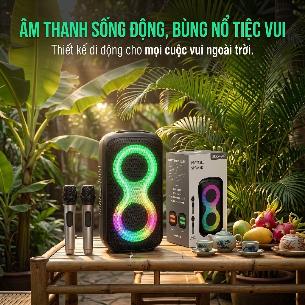 Loa Karaoke Bluetooth 40W Kèm 2 Mic Không Dây, Pin 4000mAh, TWS/USB/TF/FM/AUX