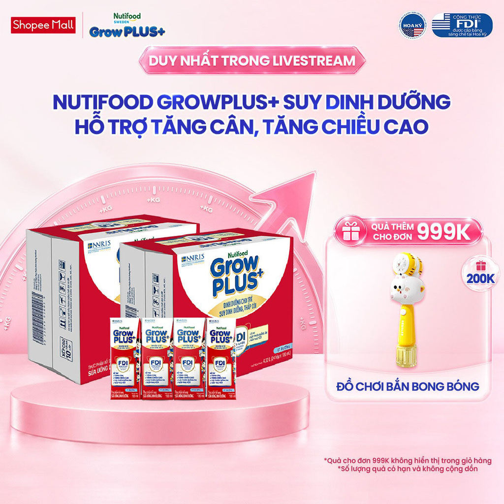 Thùng SBPS Nutifood GrowPLUS+ ít đường Suy Dinh Dưỡng (48 x 180ml) (Bao bì tùy lô hàng)