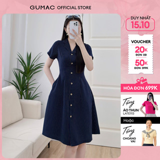 Đầm nữ form A sọc xanh cổ danton tay ngắn đính nút giả trang trí thời trang GUMAC LDF0615