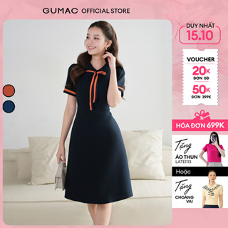 Đầm A nẹp tay phối nơ cổ thanh lịch thiết kế công sở đi chơi dạo phố thời trang GUMAC LDE0614