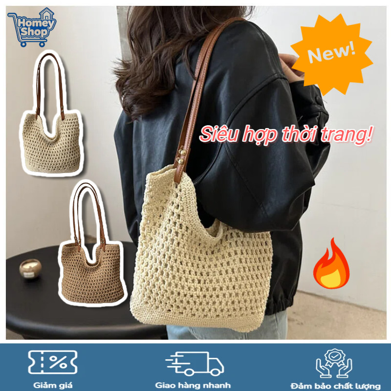 Túi Tote Đan Len Cói Cao Cấp,Dung Lượng Lớn Đựng Đồ Tiện Lợi, Quai Da Vintage, Phù Hợp Du Lịch & Dạo