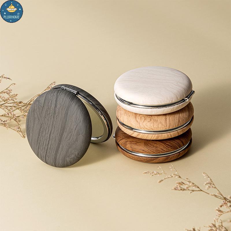 PLUMHOME Mini Vintage Gương Trang Điểm Hạt Gỗ PU Gương Gấp Roundpact Du Lịch Gương Trang Điểm Di Độn