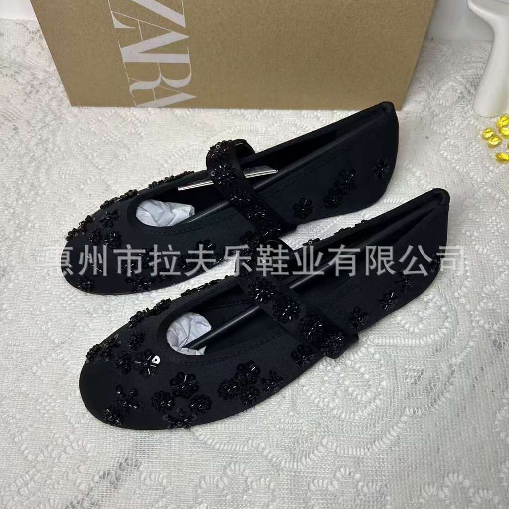 TWTK ZARA New Summer Women's Shoes: Round-Toe Shallow Mary Jane Flats with Buckle and Beaded Mesh Ba