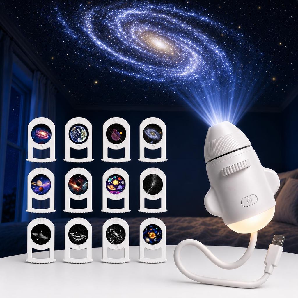 Star Projector Night Light, 2-in-1 USB Galaxy Projection Lamp with 12 Slides, Button Control LED Cei