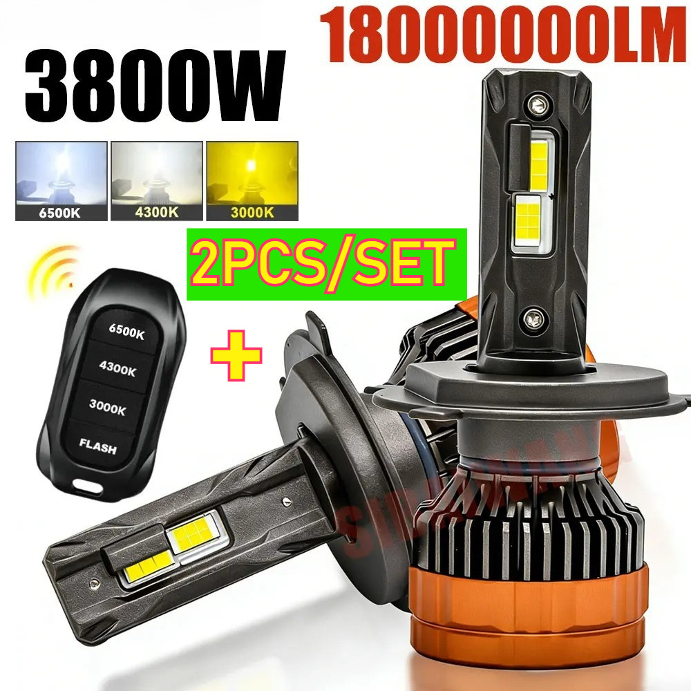 2 Cái / bộ 3800W H7 H4 Đèn Pha LED H1 H11 Led 9005 9006 9012 6500K 4300K 3000K Điều Khiển Từ Xa Ba M