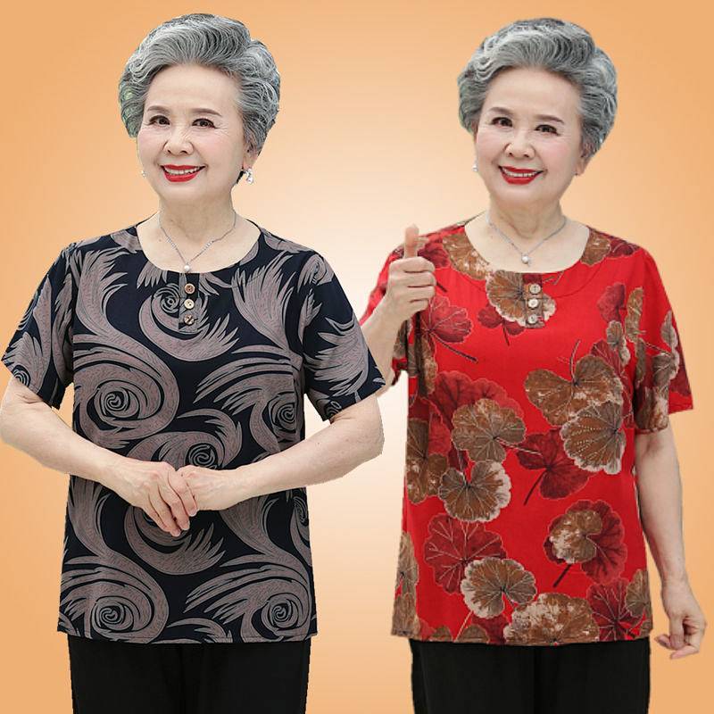 Grandma's Cotton Silk Short-Sleeved T-shirt Women's Summer Middle-Aged and Elderly Loose Artificial 